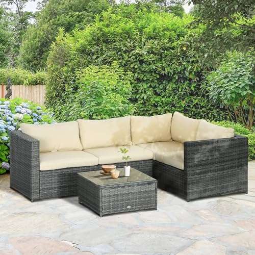 Outsunny 3 Pieces PE Rattan Garden Furniture Set , 4 Seater Outdoor Patio Corner Sofa Set with Glass Top Coffee Table, Beige Sold by MHSTAR