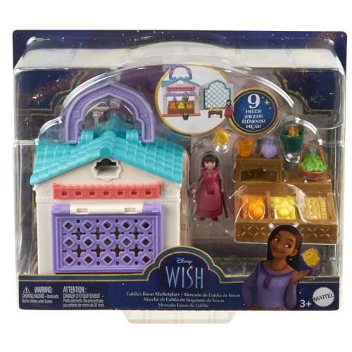 Mattel Disney’s Wish Micro Doll Playset, Dahlia’s Rosas Marketplace Portable Set with Dahlia Doll, Star Figure & 9 Accessories, Travel Toys