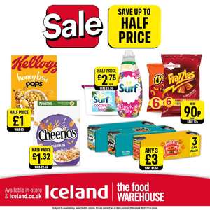 Iceland up to ½ price sale - Cheerios £1.32, Honey pops £1, Heinz beans & spaghetti hoops 3 for £3, Surf pods £2.75, Frazzles & Cheetos 90p