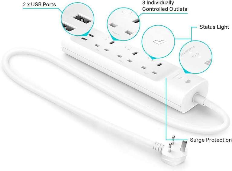 TP-Link KP303 WiFI Smart Power Strip Extension Lead Cable - 3 outlets, 2 USB Ports - £19.80 (B&Q Club Members) Free Click & Collect @ B&Q
