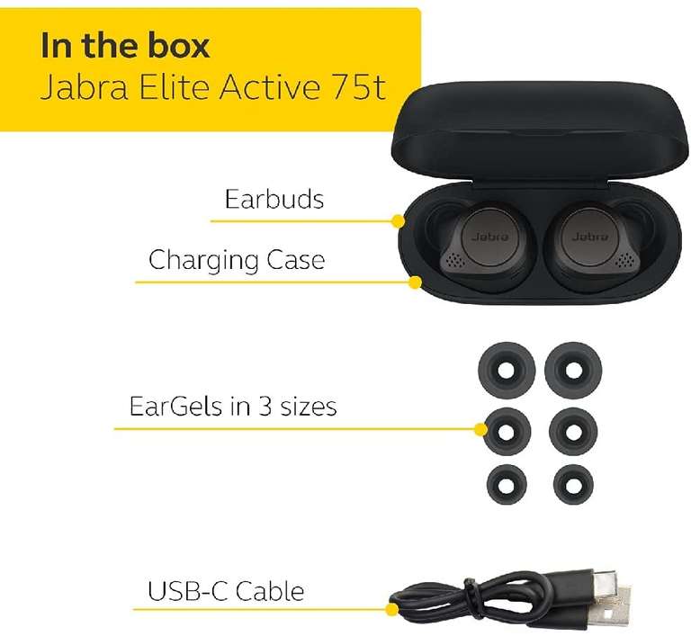 Jabra Elite Active 75t Wireless Earbuds ANC, up to 24 hours of battery time - Titanium Black (Used - Like New) £55.84 @ Amazon Warehouse