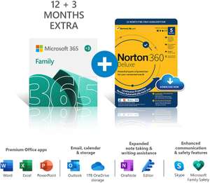 Microsoft 365 Family - 15 months (12+3 months free) + Norton360/McAfee Total - £50.99 Sold by Amazon Media EU @ Amazon