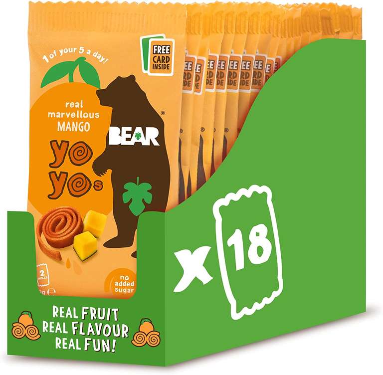 BEAR Mango Yoyos - Dried Fruit Rolls - Healthy Kids Snack - Vegan - 20g (18 packs) £6.48 (£5.83 with Sub and Save) @ Amazon