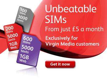 Virgin Mobile SIM 800 mins, 1GB Data, 3000 Texts & 3000 Virgin Minutes EXISTING CUSTOMERS ONLY. £5.43 inc VAT a month