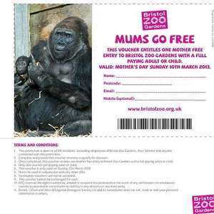 Bristol zoo free entry for mums on Mothers day when accompanied by full paying adult/child