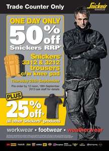Half price snickers work pants at arco one day event. 25% off all other snickers products.