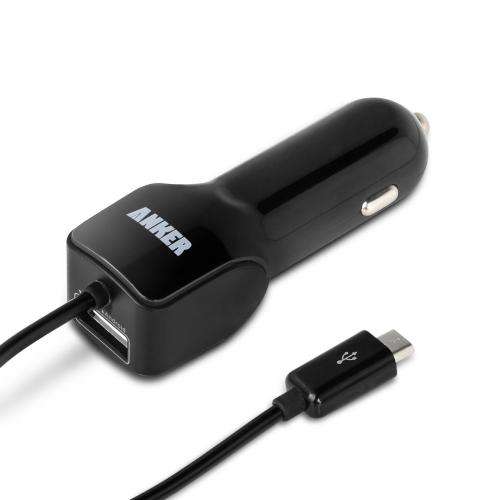 Anker 18W / 2.4A + 2.0A (3.6A max) Dual-Port USB Car Charger with Built-in Micro USB Cord for Android and Apple devices £6.99 delivered@Amazon