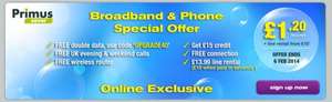 40GB broadband and phone (includes free line installation + £15 credit) - Primus - from £11.20 per month