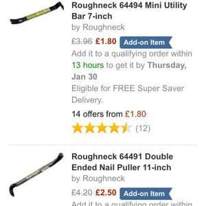 Between 30% and 60% off roughneck wrecking / gorilla / nail pulling / bonsai claw / wrecking bars from £1.80 at amazon (some add on some not... All average 5 star reviews)