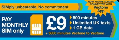 Vectone mobile - best replacement for Ovivo Mobile customers £5 or £9 per month 30 day contract