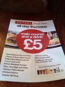 Yates's Preston all day Thursday main course and a drink for £5
