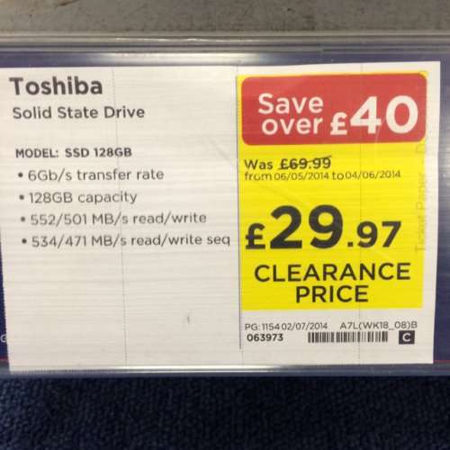 Toshiba 128GB SSD £29.97 instore @ Currys