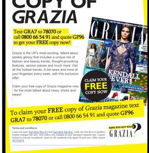 Free copy of Grazia magazine (for the cost of one text message) magazine usually £2