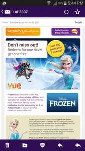 frozen sing along £2.50 @ vue spend 500 nectar point for one ticket and get another ticket free