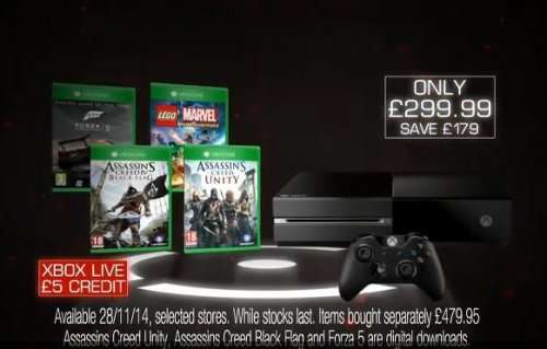 Xbox one with 4 games [Assassin's Creed Black Flag / Unity / Forza 5 / Lego Marvel Superheroes] + £5 Xbox live credit at GAME for £299.99 (Now Online From Midnight)