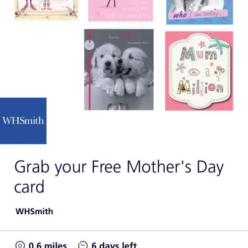 Free Mother's Day card from Wh smith on O2 priority moments