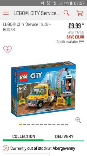 Lego City Service Truck 60073 RRP £17.99 down to £9.99 @ Argos