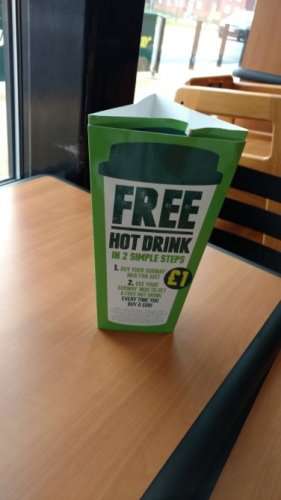 free hot drink subway when buying a sub. subject to buying a cup for a £1
