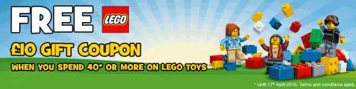 Free £10 gift coupon when you spend £40 or more on Lego toys