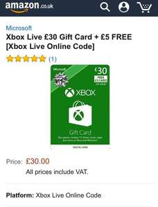 Xbox live £30.00 gift card plus £5.00 free @ Amazon