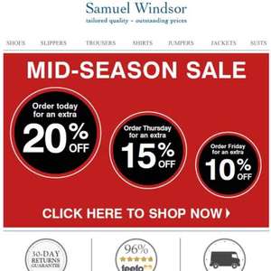 20% off everything  at Samuel Windsor (ends tonight 27/4/16) - reduced to 15% tmw and 10% on Friday