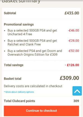 PS4 500gb plus 4 games £309 Tesco