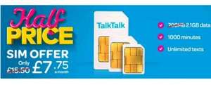 Existing Customers: TalkTalk Mobile SIM only - 2.1gb (triple data), 1000 mins, Unlimited Texts (12mth Contract) £7.75 per month