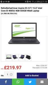 Refurbished Acer Aspire E5-571 15.6" Intel Core I3-4005U 4GB Intel HD4400 500GB Win8 Laptop £224.92 @ Laptops Direct