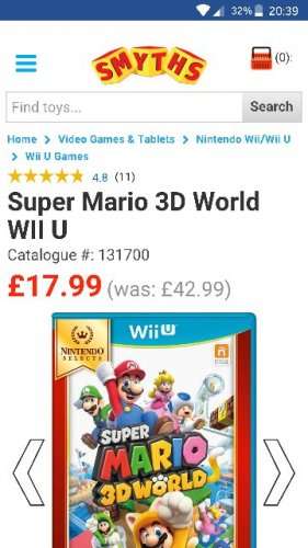 Super Mario 3D World Wii U £17.99 @ Smyths (free C&C)