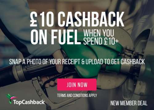 £10 cashback on fuel when you spend £10+ Topcashback (new TCB only).