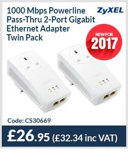 Zyxel PLA5256 2 Port Gigabit Powerline Kit with Pass Through, 1000Mb/s HomePlug AV2 (Pack of 2) £32.34 delivered @ CPC Farnell