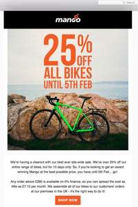 25% off every bike at Mango Bikes (single speed, road, gravel, ladies)