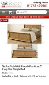 Solid Oak French King Size Sleigh Bed - £469 Delivered @ Oak Solution