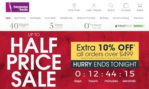 10% off ALL orders over £499 + EXTRA 10% off w/code + 7% Cashback [ENDS TONIGHT] @ Bensons for Beds