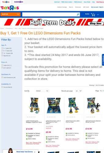 Toys R Us: Buy 1, Get 1 free on Lego Dimensions Fun Packs £9.99
