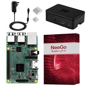 NeeGo Raspberry Pi 3 Kit – Pi 3 Model B Barebones Computer Motherboard with 64bit Quad Core CPU & 1GB RAM, Black Pi3 Case, 2.5A Power Supply & Heatsink 2-Pack £36.99 Sold by kent photo and Fulfilled by Amazon.