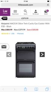 Hotpoint HAG51K 50cm Twin Cavity Gas Cooker With FSD - Black £379.99 @ Littlewoods