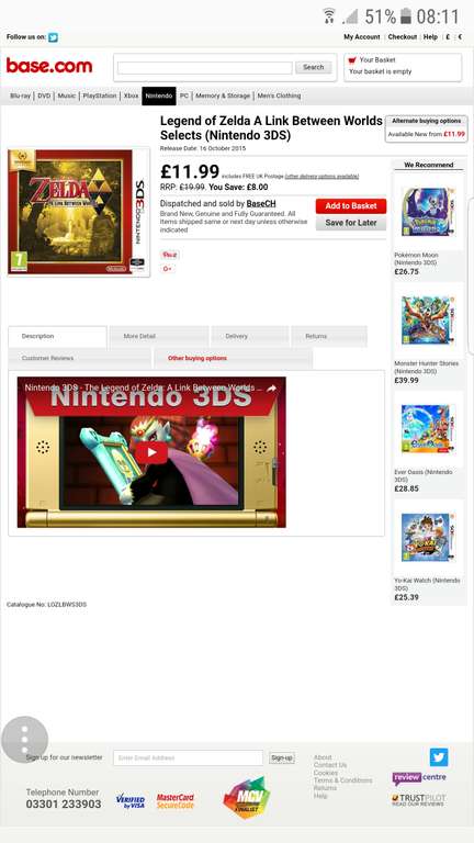 Legend of Zelda A Link Between Worlds Selects (Nintendo 3DS) £11.99 - Base.com