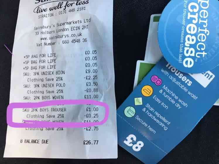 Sainsbury's 2 pack grey school trousers - were £8 but scanned thru at 75p.