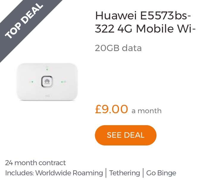 Three 24m 20GB 4G Huawei Mifi £8pm - total cost: £192