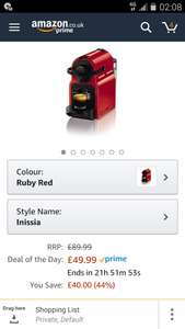 Nespresso Inissia Coffee Capsule Machine, Ruby Red by Krups @ Amazon £49.99 deal of the day