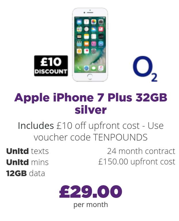 Apple iPhone 7 plus - £29p/m 12gb / unltd mins / unltd texts / £160 upfront / 2 years = £856 total @ Mobiles.co.uk
