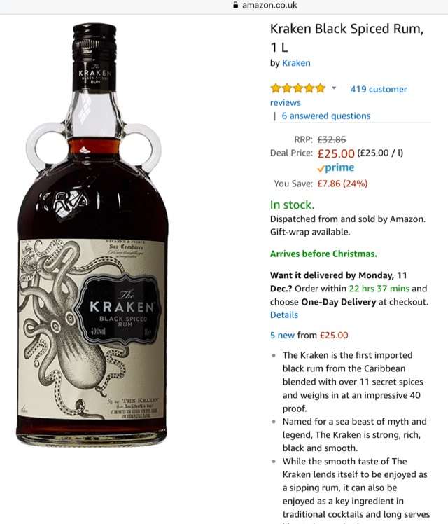 1 Litre Bottle of the lovely Kraken - Amazon - £25