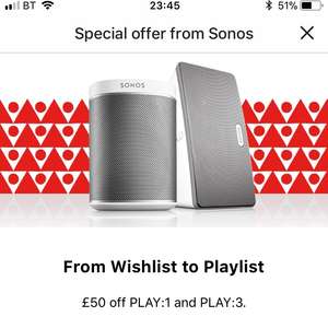 £50 off - PLAY:1 (£149, Usually £199) and PLAY:3 (£249, Usually £299) @ SONOS