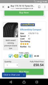 Goodyear efficient grip compact 175/70/13 £50.54 @ Tyre Shopper