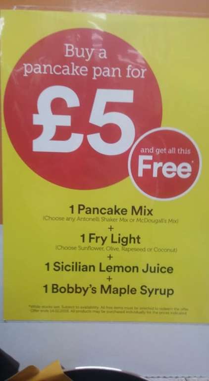 Buy a pancake pan for £5 and get all this free :- free pancake mix; frylight; lemon juice; maple syrup @ Iceland