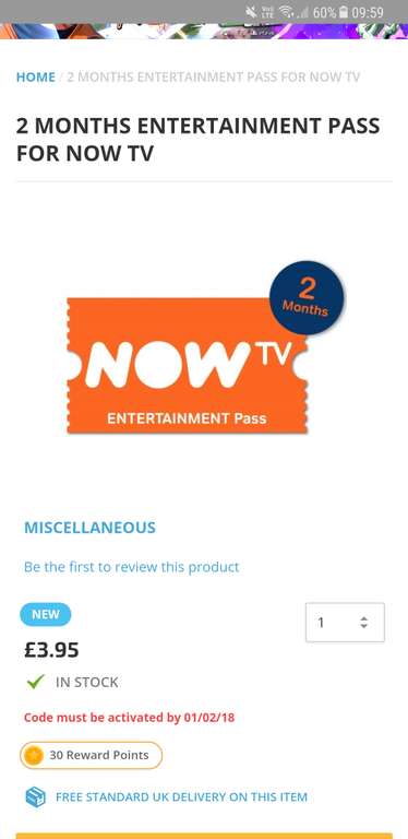 2 MONTHS ENTERTAINMENT PASS FOR NOW TV at The Game Collection for £3.95