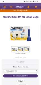 Buy one get one free frontline flea treatment for small dogs £13.49 (3) or £26.98 (6) £3.99 del (free delivery over £29) @ Vetuk.co.uk