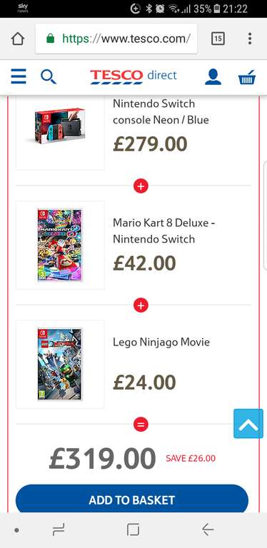 Buy a Nintendo Switch Neon, Mario Kart 8 and Lego Ninjago for £319 @ Tesco