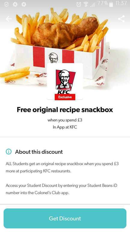 KFC Free Original Recipe Snackbox for students when you spend £3 via student beans